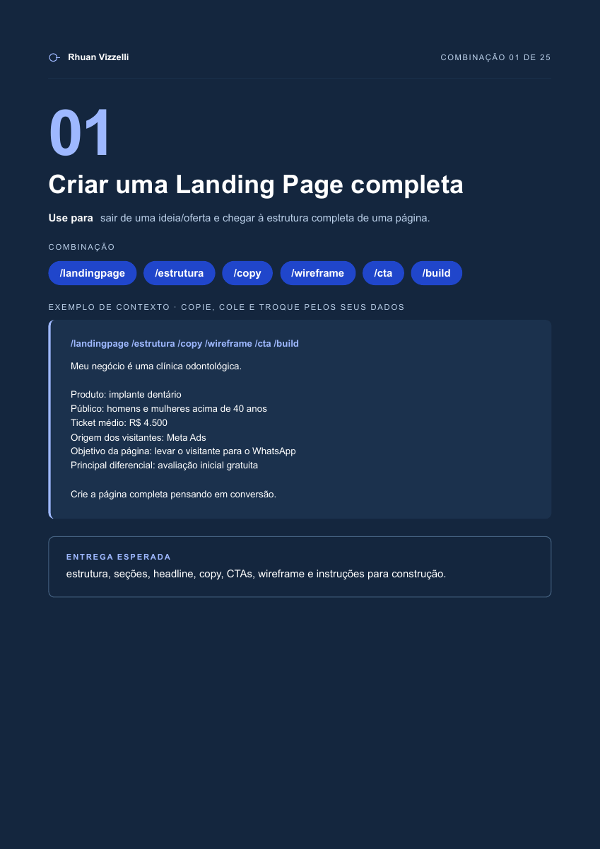 Página real do guia de combinações com o exemplo 01: criar uma landing page completa